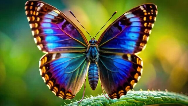 A close-up of a butterfly with open wings showcasing vibrant blue and purple hues, resting on foliage