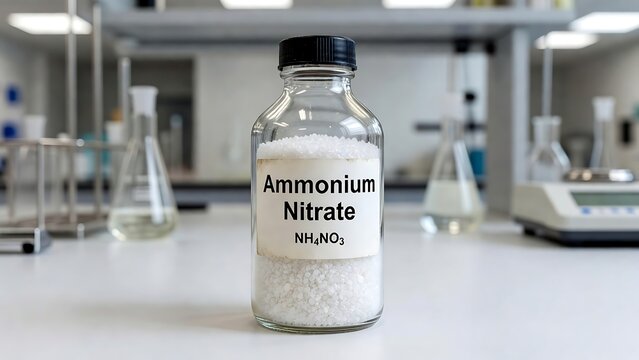 A clear glass bottle filled with ammonium nitrate crystals sitting on a laboratory workbench in a chemistry lab
