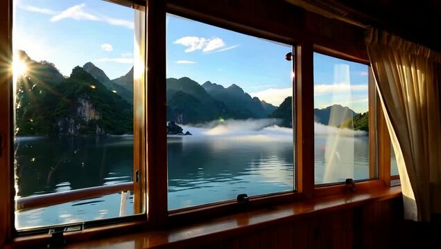 Sunrise over misty mountains viewed from boat window