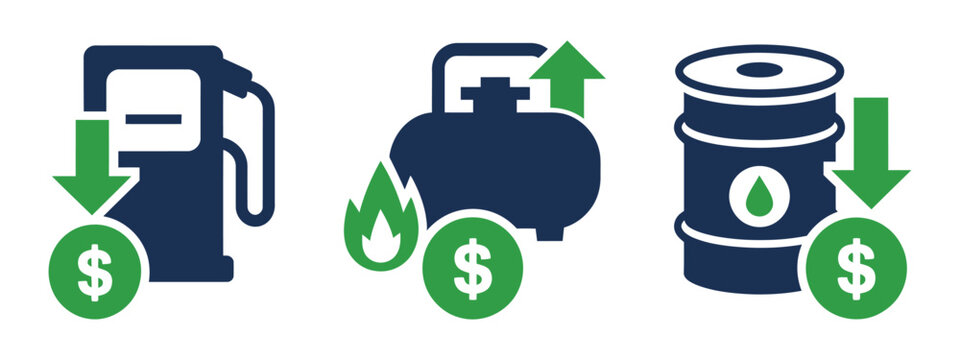 Fuel price decrease icons showing gas cost reduction, oil rates down, and savings symbols.