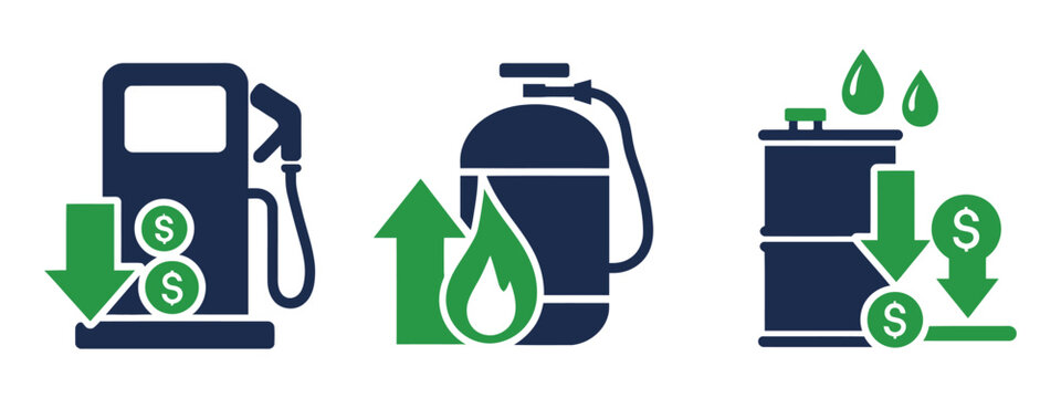 Fuel price decrease vector icons featuring gas price drop and oil market down symbols.