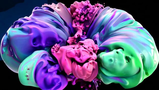 Swirling fluid sculpture with vibrant green, purple, and pink.