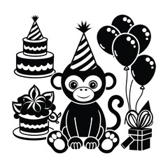 Fototapeta premium Birthday Monkey Silhouette, Cute Party Animal Vector