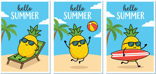 Naklejka premium Hello Summer – Pineapple in Tropical Vibes with Beach Fun Activities and Relaxing Days Under the Sun.