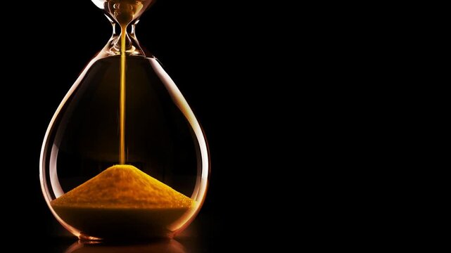 Close up of amber hourglass with golden sand flowing representing time and patience concept with black background