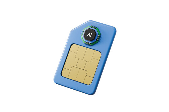 3d AI SIM card icon. smart mobile network technology concept. minimal cartoon blue SIM card with embedded AI processor chip. isolated on white transparent background. 3d render.