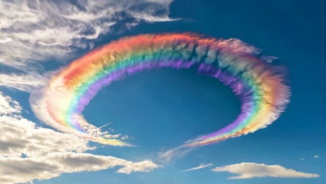 Vibrant rainbow cloud formation against a bright blue sky
