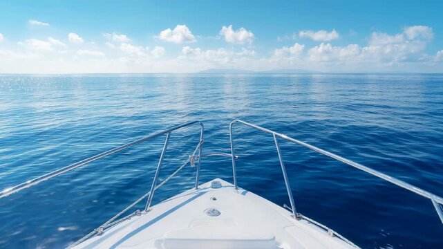 View from a boat bow sailing on calm ocean water under a bright blue sky with clouds