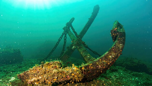 Two old rusty anchors lie on the seabed covered in vibrant marine growth illuminated by sun rays filtering through the murky green-blue water creating a mysterious underwater scene.