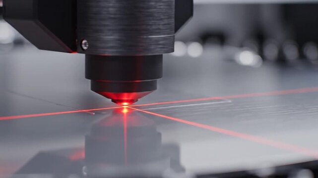 Industrial laser cutting head processing metal sheet with red light