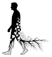 Fototapeta premium Man walking with roots and leaves silhouette vector art