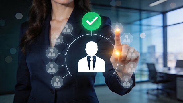 Businesswoman selecting a candidate on digital interface human resource management concept recruitment process hiring talent finding right person for job vacancy interview success
