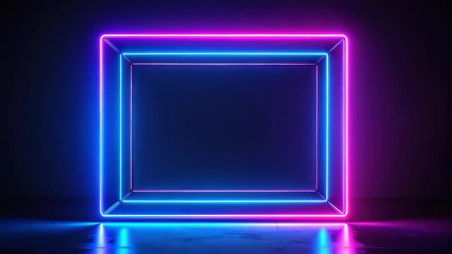 A glowing neon square frame, blue and pink, reflecting on a dark surface