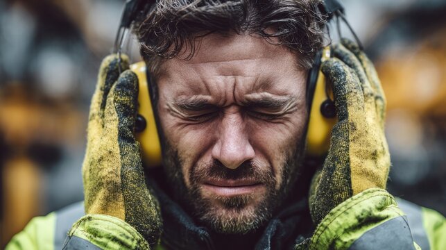 Male factory worker wearing yellow noise-canceling earmuffs experiencing discomfort from loud noise