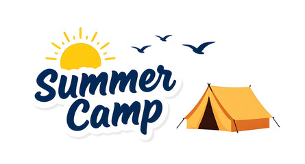 summer camp logo sticker design, camping badge with sun and tent, outdoor adventure emblem, stylized typography camp logo, nature travel sticker, vintage camp badge illustration, sun birds tent logo g © mrpixel