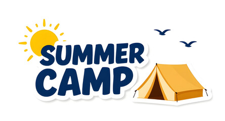 summer camp logo sticker design, camping badge with sun and tent, outdoor adventure emblem, stylized typography camp logo, nature travel sticker, vintage camp badge illustration, sun birds tent logo g © mrpixel