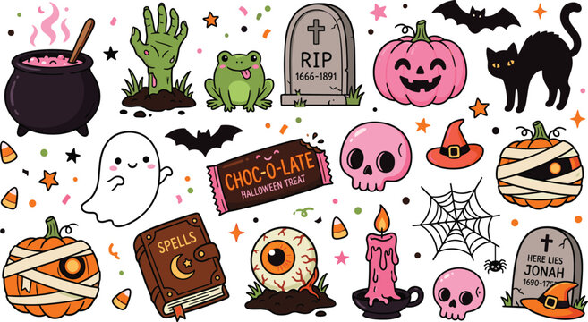 Spooky Halloween Collection with Treats, Pumpkins, Bats, Ghosts, and Creepy Decorations for a Fun Halloween Party.