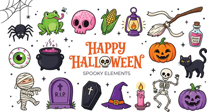 Spooky Halloween Elements Including Pumpkins, Ghosts, Witches, Skulls, and More for the Creepy Season.