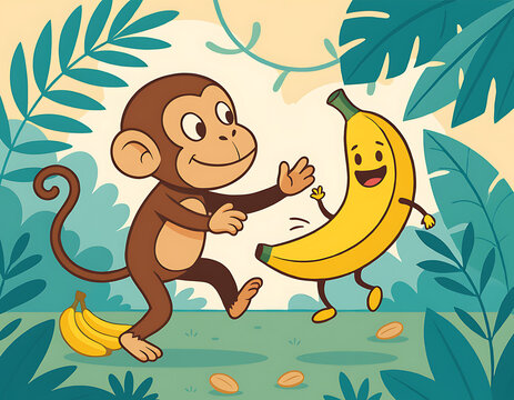 Monkey playing with cartoon banana.