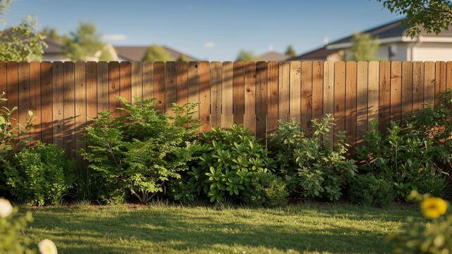 Sunny backyard garden with wooden fence and lush green shrubs in a suburban neighborhood