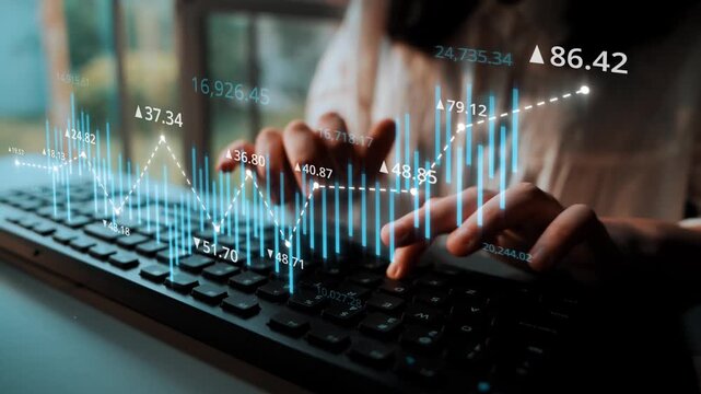 Stock market analysis with candlestick chart and price movement trend line, highlighting global financial trends, stock trading, and investment strategy insights Marrow