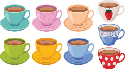 Fototapeta premium Cute Colorful Tea and Coffee Cup Saucer Vector Set with Strawberry Polka Dot and Floral Patterns on White Background