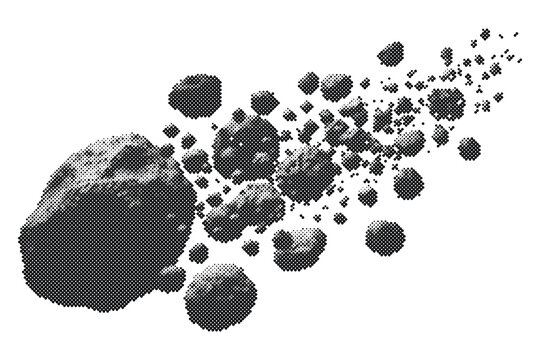 Retro halftone vector illustration of a large rock with smaller rocks and pebbles scattered around it isolated on white background halftone isolated