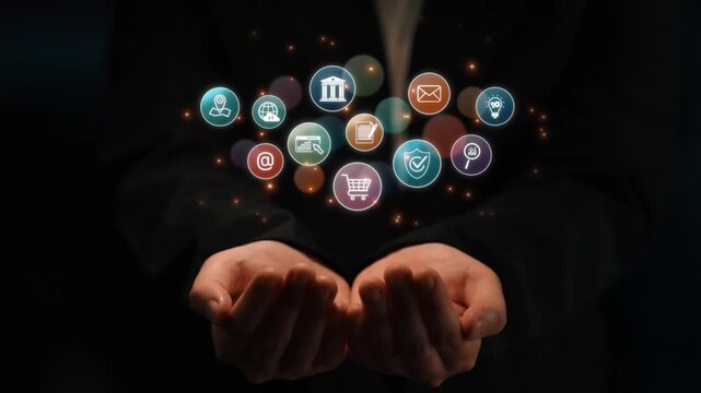 Set of business and digital service icons representing finance, cloud, analytics, email, communication, ecommerce, cybersecurity, and global connectivity in a modern ecosystem Marrow
