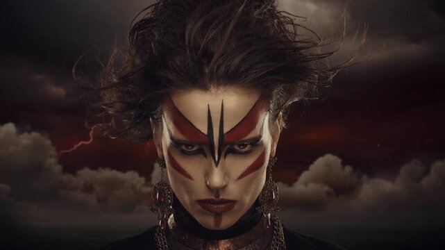 Intense portrait of a fierce warrior woman with tribal face paint and stormy dramatic background