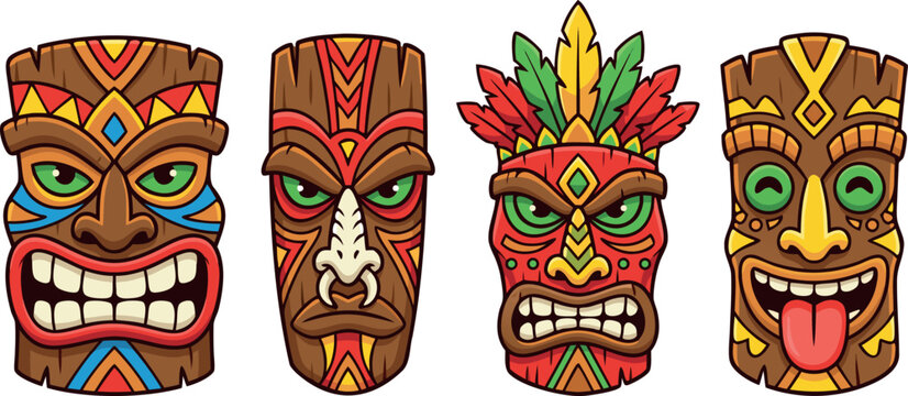 Set of colorful cartoon tiki masks with various expressions for tropical party and summer beach themes