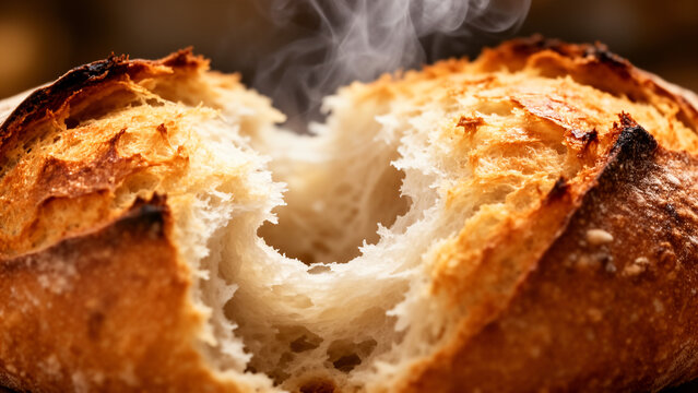 Steaming Artisan Bread With Soft Interior Macro Close Up