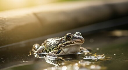 Fototapeta premium Frog sitting in shallow water outdoors.