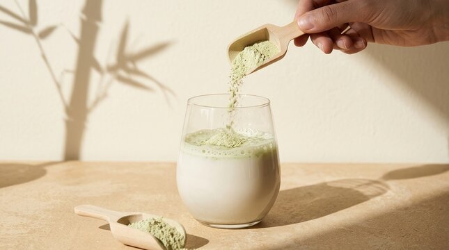 Matcha, Green tea powder, Healthy drink, Superfood, Pouring, Wellness, Morning routine. Hand pouring organic green powder into plant-based milk with natural sunlight and leaf shadows.