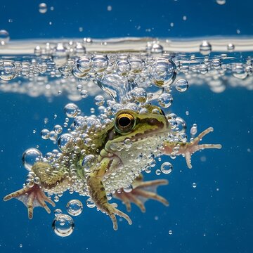 Frog Underwater Bubbles Aquatic Scene.