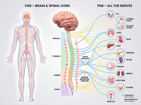 Human nervous system anatomy chart with brain and organs