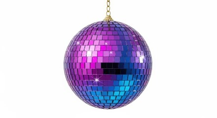 Obraz premium Disco ball with purple and blue mirrored facets hangs against a white background.