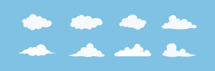 Fototapeta premium Set of white cloud icons on a blue background. Various white cloud shapes, cloud patterns, and cloud designs. Perfect for weather, sky, and nature themes. Weather illustration