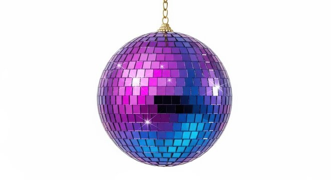 Disco ball with purple and blue mirrored facets hangs against a white background.