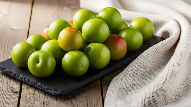 Fresh green plums arranged on a dark slate platter with a white cloth representing healthy summer fruit for food and beverage concepts