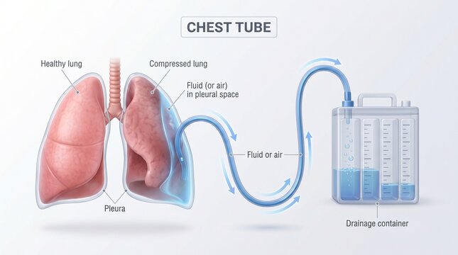 Medical illustration of a human chest tube lung drainage