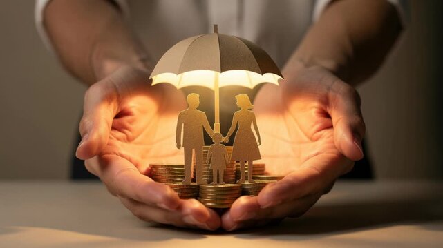 Concept of family financial protection and insurance with hands holding paper cutout family and umbrella over coins