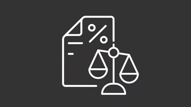 Animated tax law white line icon. Legal documents with justice scales animation. Industry regulations. Financial legality service. Isolated element on dark background. Alpha transparent video