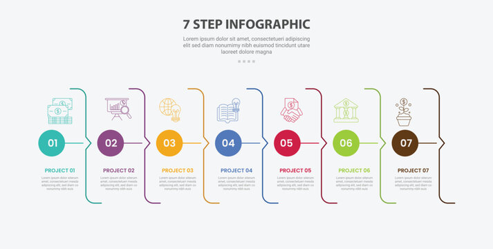 7 points template infographic outline style with 7 point stage or step template with line arrow divider with circle badge point on horizontal lined up for slide presentation