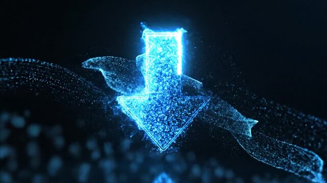 Abstract digital arrow pointing downwards with glowing particles and lens flare