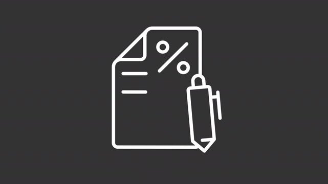 Animated tax form white line icon. Financial agreement animation. Business contract. Interest rate. Legal procedure implementation. Isolated element on dark background. Alpha transparent video