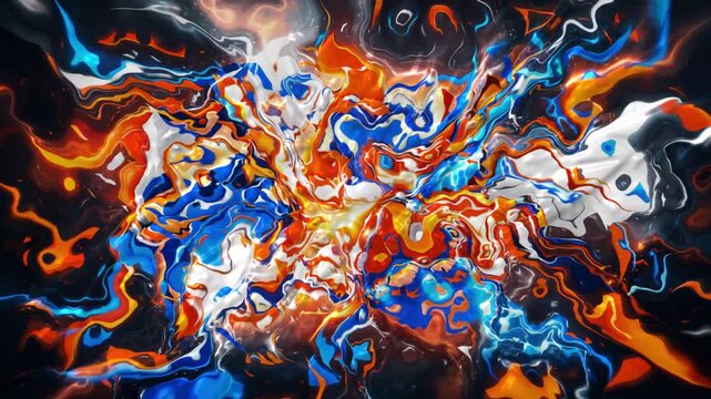 Vibrant swirls of orange and blue burst across the canvas