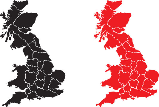 Black and red map of the united kingdom outline