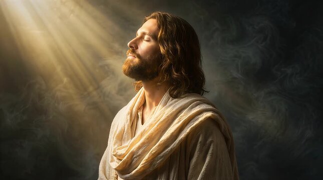 Close-up portrait of a jesus christ with long wavy hair and full beard, best for authentic cultural documentaries and lifestyle video media.
