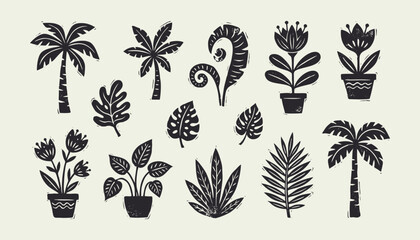 Tropical plant linocut collection with palm trees monstera leaves and potted flowers vector set © Ghaghah24