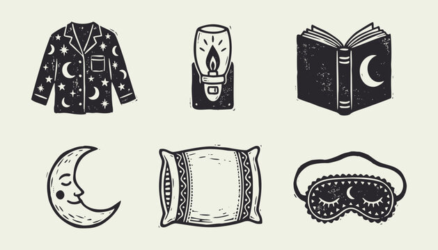 Hand drawn linocut sleep icons including pajamas moon pillow and sleep mask set